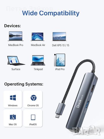 5 в 1 USB C хъб Масивно разширение - Dockteck Multiport Adapter Dongle, снимка 5 - Друга електроника - 41230647