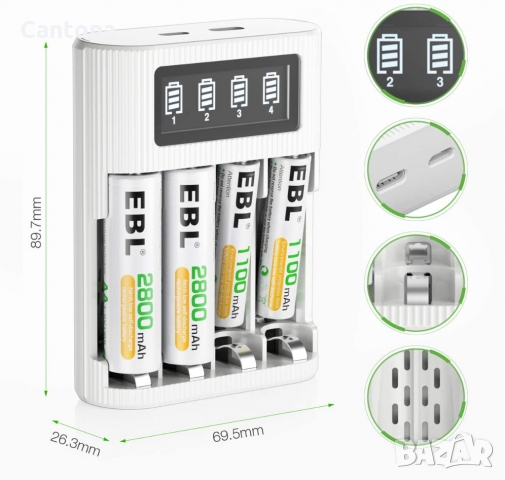 EBL интелигентно бързо зарядно устройство за батерииAA AAA, 4 слота, Type C и micro USB вход, снимка 7 - Друга електроника - 36063312