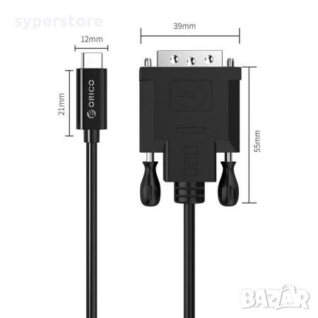 Кабел USB Type C Мъжко към DVI Мъжко 1.80m Orico XC-205-18-BK Cable USB Type C to DVI M/M, снимка 3 - Кабели и адаптери - 35702621