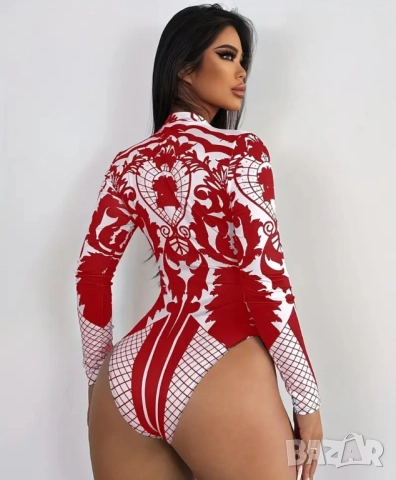 Дамско боди с висока яка и червен флорален принт, снимка 4 - Блузи с дълъг ръкав и пуловери - 52878774