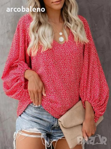 Дамска ежедневна риза с щампован фенерски ръкав с V-образно деколте, 9цвята , снимка 2 - Ризи - 42039048