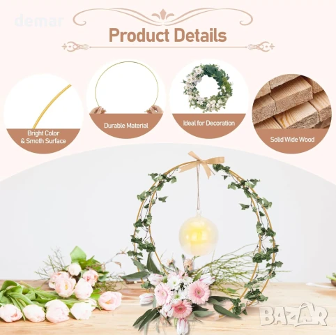 Комплект от 8 флорални обръча с диаметър 30 ​​см за маса с дървена основа и свещ, снимка 3 - Декорация за дома - 50591162