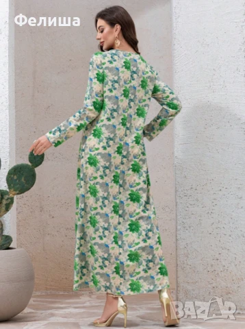 Прекрасна Дълга Памучна Рокля с Луксозна Бродерия в Тревисто Зелен Цвят, снимка 4 - Рокли - 51062191