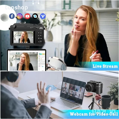 Цифрова фотокамера TEKXDD, 4K Vlog камера, 64GB SD, 18X увеличение, двойна камера предна и задна..., снимка 8 - Камери - 50542377