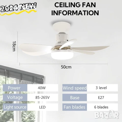 LED плафон с вентилатор и дистанционно управление – 40W, 6 перки, регулируема светлина, цокъл E27, снимка 5 - Други - 51250931