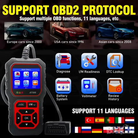 Професионален автомобилен диагностичен кодочетец AT500 Full OBD2 EOBD, снимка 4 - Аксесоари и консумативи - 48217472
