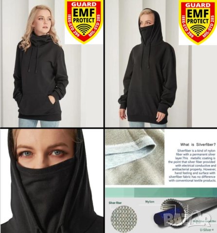 Екраниран Суичър със Сребърни Нишки Защита от Електромагнитно Излъчване Качулка Цялостна Защита Лице