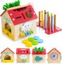 Дървена къща Kizfarm Монтесори, играчки за сортиране и подреждане - 4-в-1 образователна игра за деца