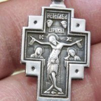 Старинен православен сребърен кръст разпятие Исус и на гърба Света Богородица и сребърно син, снимка 3 - Колиета, медальони, синджири - 40692836