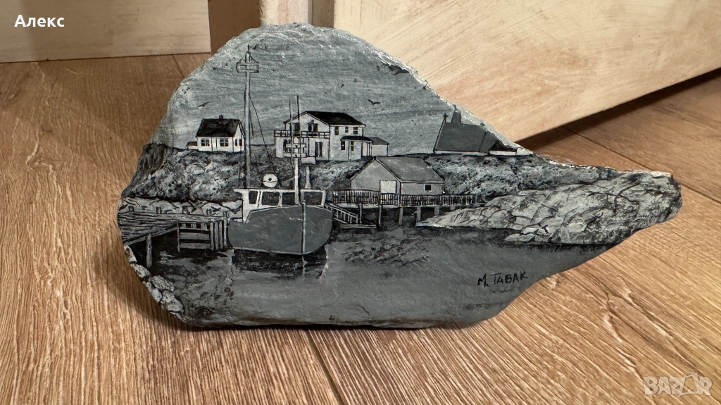 Стара рисувана картина върху камък–Подписана., снимка 1