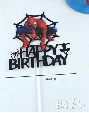 Спайдърмен Spiderman Happy Birthday в паяжина картонен топер украса табела за торта рожден ден, снимка 1