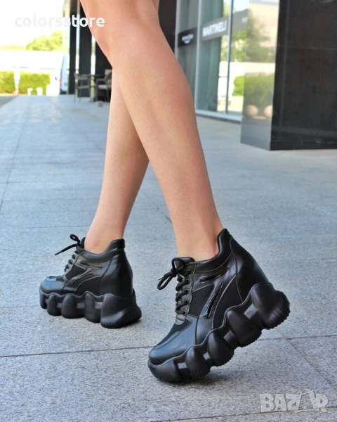 Кецове на платформа - черна кожа, мрежа и лак - PA786 , снимка 1