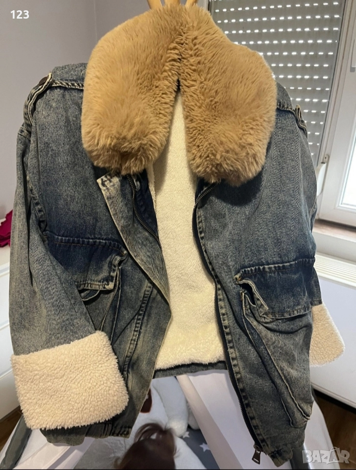 Зимно дънково яке с пух, снимка 1