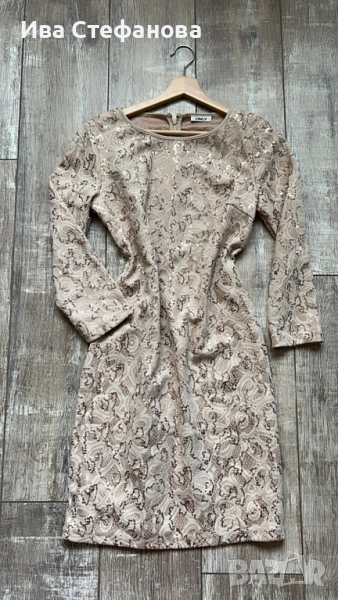 Нова парти коктейлна официална елегантна къса бежова екрю златна рокля пайети паетена , снимка 1