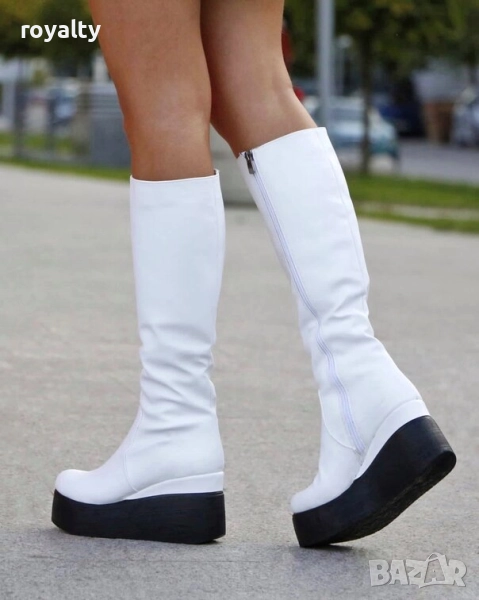 Ботуши на платформа - бяла кожа с черно ходило, снимка 1