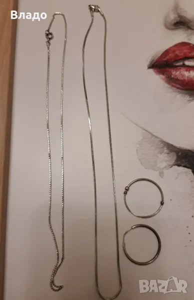 Дамски сребърни верижки/ колиета и две сребърни обеци, снимка 1