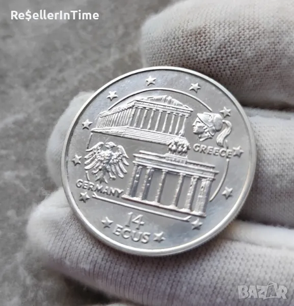 Сребърна монета 14 ECUs - Elizabeth II Parthenon and Brandenburg Gate, снимка 1