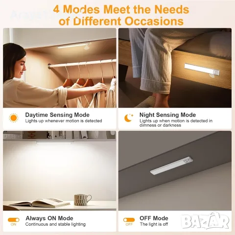 Gritin LED лампи за шкафове 2 броя – 26 см, сензор за движение, USB-C, снимка 9 - Лед осветление - 55974903