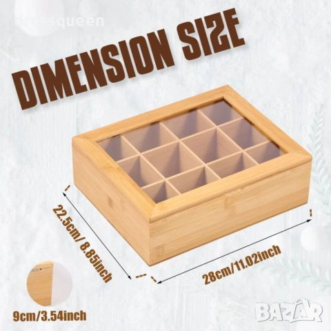 4632 Стилна бамбукова кутия за чай с 12 отделения и стъклен капак – 28x23x9 см, снимка 2 - Аксесоари за кухня - 53644466