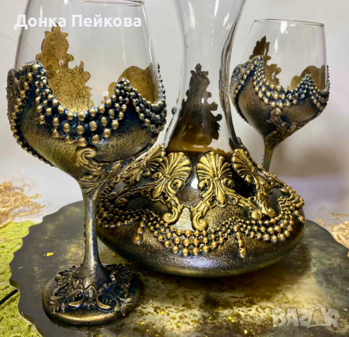Сет за вино от 3 части декантер с 2 чаши ръчна изработка, снимка 7 - Декорация за дома - 44816490
