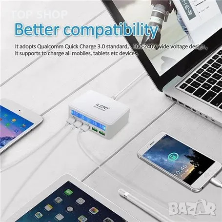 Смарт зарядна станция iLepo Smart Charging Station 5 порта USB 50 вата с бързо зареждане QC 3.0 бял, снимка 13 - Оригинални зарядни - 49049712