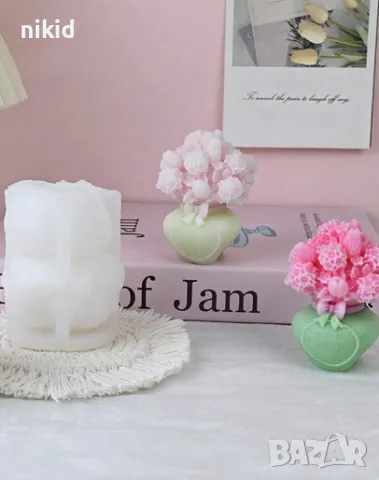 3D Цветя във ваза ситни цветчета силиконов молд форма смола свещ гипс шоколад декор украса, снимка 2 - Форми - 47722788