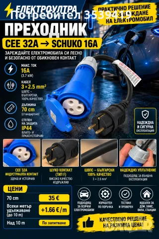 ⚡ Преходник CEE 32A → Schuko 16A за зарядна станция | Български кабел 3×2.5 mm²