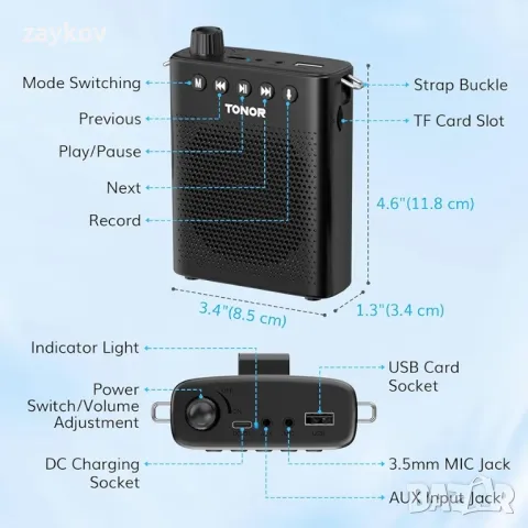 Преносим гласов усилвател TONOR за учители, мини акумулаторна микрофонна система, снимка 4 - Аудиосистеми - 48645960