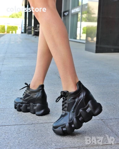 Кецове на платформа - черна кожа, мрежа и лак - PA786 