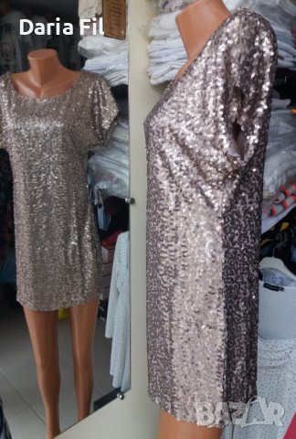 Къса рокля без закопчаване цялата в бежово-златисти пайети , снимка 2 - Рокли - 39011544