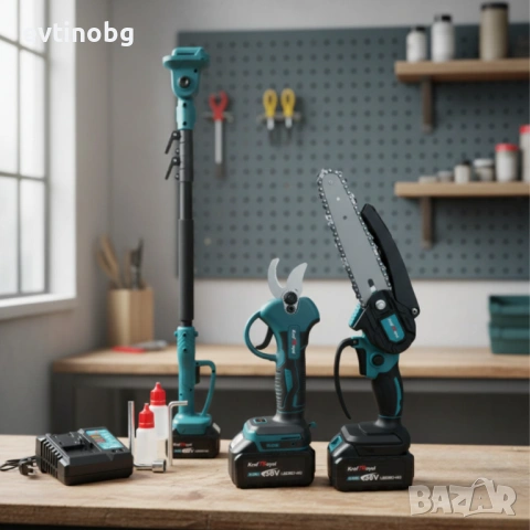Комплект 3 в 1 от акумулаторна лозарска ножица, акумулаторен мини верижен трион и телескопичен прът, снимка 3 - Моторни триони/резачки - 53791085