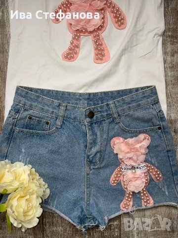  нов сет комплект розово мече перли  костюм от две части къси дънкови панталонки тениска T-shirt , снимка 4 - Комплекти - 40368001