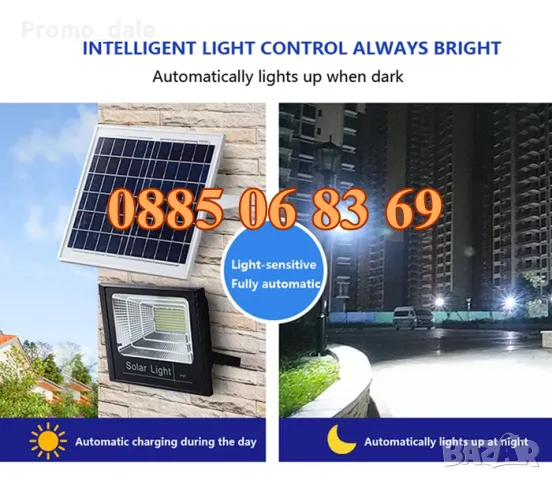 LED прожектор със соларен панел 200W, соларен прожектор 200W с отделен панел, снимка 4 - Прожектори - 47431796