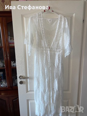 Нова ефирна плажна бяла памучна памук дантелена наметка плажна дълга риза кафтан плажна дълга рокля, снимка 4 - Туники - 41610284