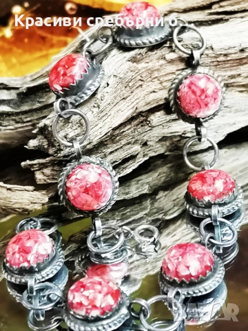 Красива сребърна гривна с мозайка от родохрозит, снимка 4 - Гривни - 53714013