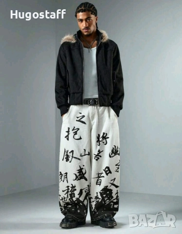 Нови японски йероглифи baggy дънки Casual Loose Fit Jeans панталони карго M/32, снимка 4 - Дънки - 53856042