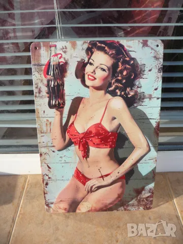 Метална табела Coca Cola момиче с червен бански червенокоса секси