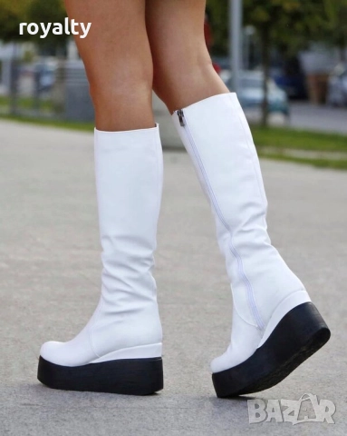 Ботуши на платформа - бяла кожа с черно ходило