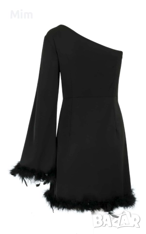 XL Черна рокля с един ръкав с естествени пера / пух /, снимка 3 - Рокли - 52347902