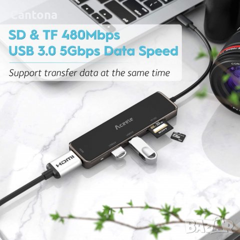 Aceele USB C хъб, 5 в 1  HDMI, 2xUSB 3.0, SD TF четец - дизайнерска версия, снимка 4 - Друга електроника - 40089165