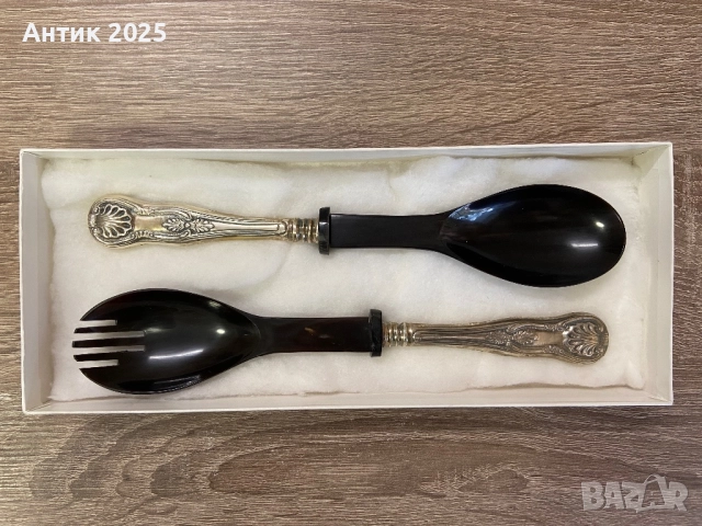 Винтидж комплект за сервиране JASPER – лъжица и вилица с дръжки от метал, наподобяващ сребро
