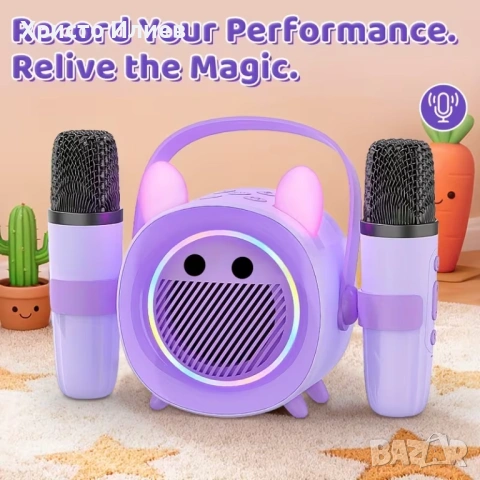 Караоке колона с 2 безжични микрофона със светещи ушички Високоговорител 3 цвята, снимка 4 - Други - 53704186