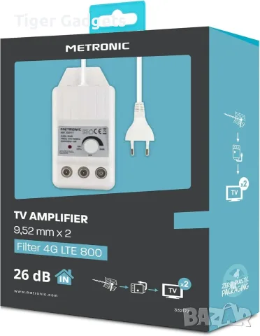 Metronic 332187 Усилвател за TV антена 24 dB – 2 изхода, FM/VHF/UHF, 4G/5G филтър, снимка 5 - Приемници и антени - 56081798