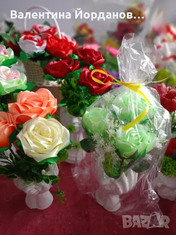 ръчно изработени кашпи и цветя от сатенени ленти , снимка 6 - Декорация за дома - 49156769