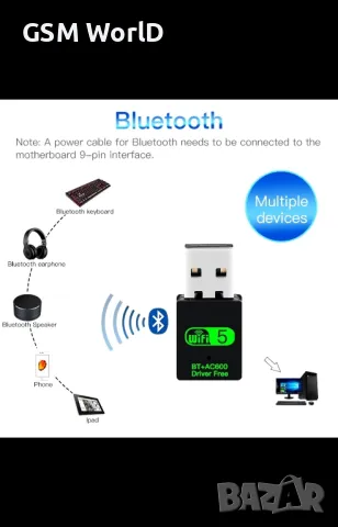 USB адаптер, WiFi Bluetooth, 2.4 / 5 Ghz, 600 Mbps, за компютър / лаптоп / настолен компютър, черен, снимка 5 - Друга електроника - 48290906