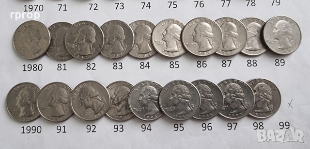 Монети. САЩ. 1/4 Американски долари . Quarter . Пълен комплект. 33  бройки. От 1965 до 1998 г. вкл., снимка 6 - Нумизматика и бонистика - 30118402