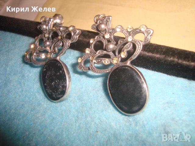 СТАРИ СКЪПОЦЕННИ СРЕБЪРНИ АртДЕКО ОБЕЦИ ОКСИДИРАНО СРЕБРО 925 с ЧЕРЕН ШЛИФОВАН ОНИКС и ЦИРКОНИ 25645, снимка 16 - Обеци - 35783930