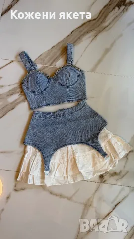 Страхотен дънков комплект пола и топ с камъчета , снимка 1