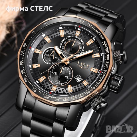 Мъжки часовник Lige, Хронограф, Водоустойчив, Неръждаема стомана, Черен / Златист , снимка 4 - Мъжки - 41686361