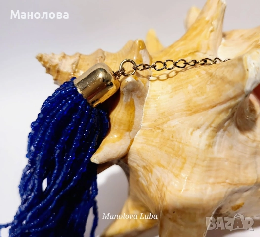 Винтидж ръчно изработено колие с множество нишки кобалтово сини стъклени мъниста., снимка 4 - Колиета, медальони, синджири - 52437848